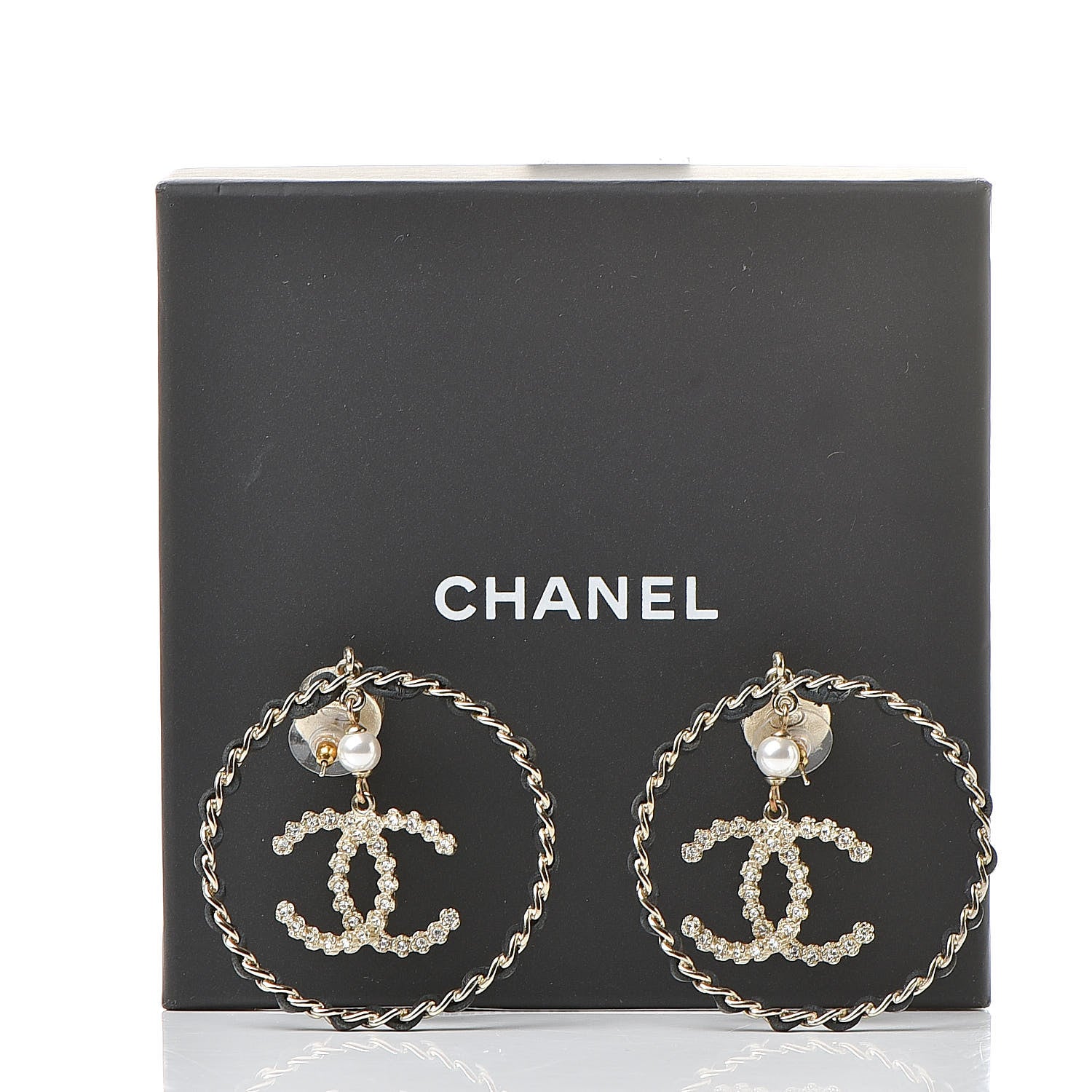 Chanel Lambskin Crystal Pearl CC Chain Hoop Earrings Gold Black 5 of 5