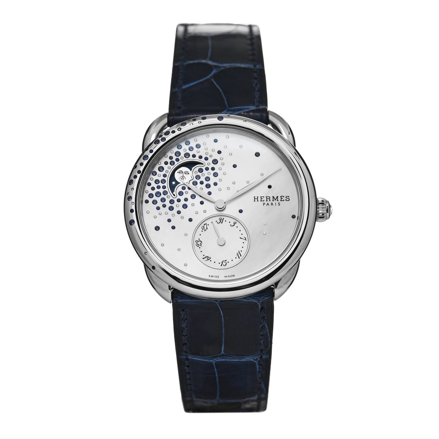 Stainless Steel Alligator Diamond Blue Sapphire Mother of Pearl 38mm Arceau Petite Lune Automatic Watch Bleu Saphir