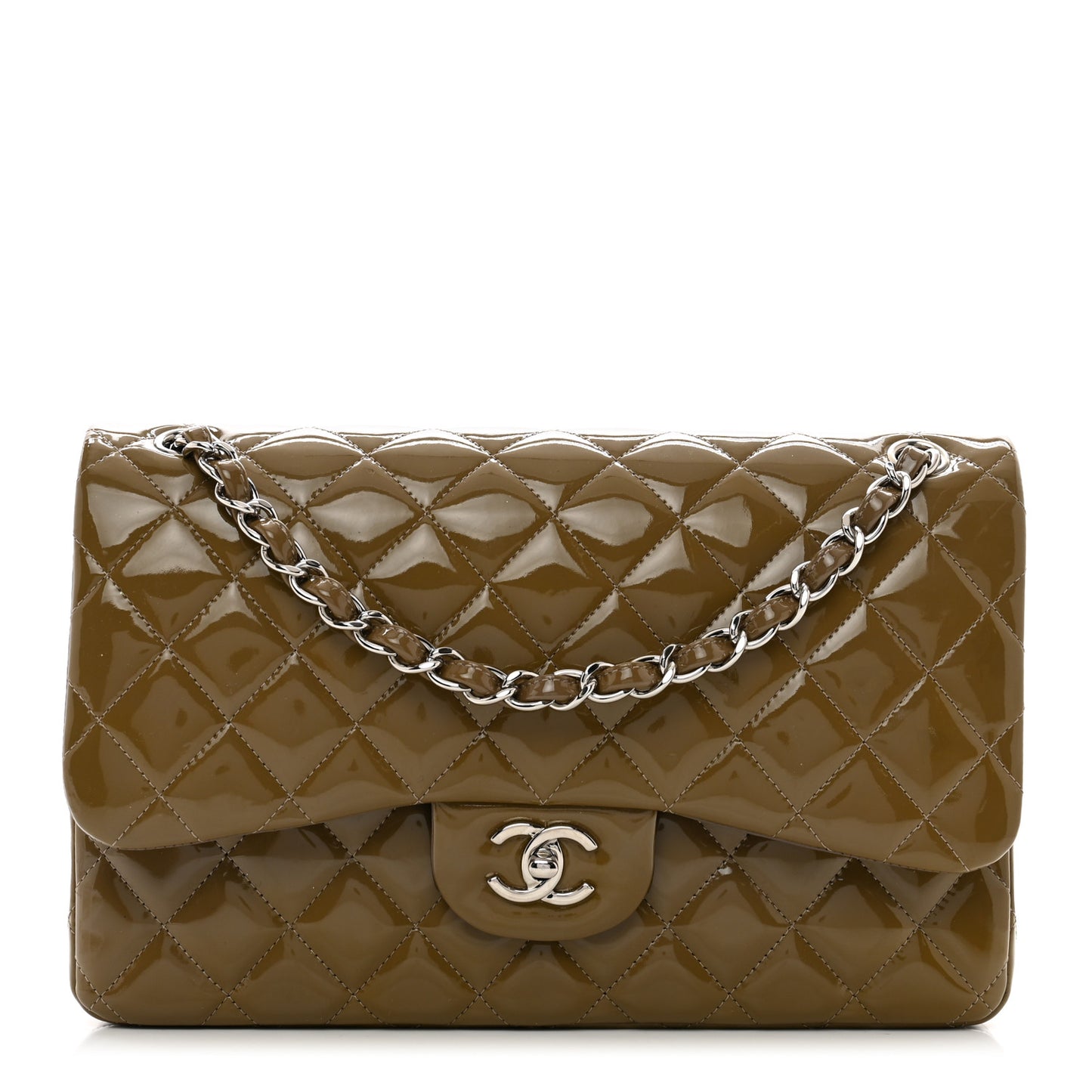 Patent Calfskin Quilted Jumbo Double Flap Grey