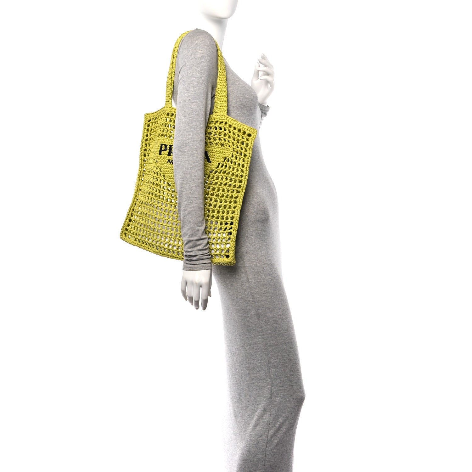 Prada Yarn Raffia Effect Crochet Logo Embroidered Tote Bag Cedro 2 of 10
