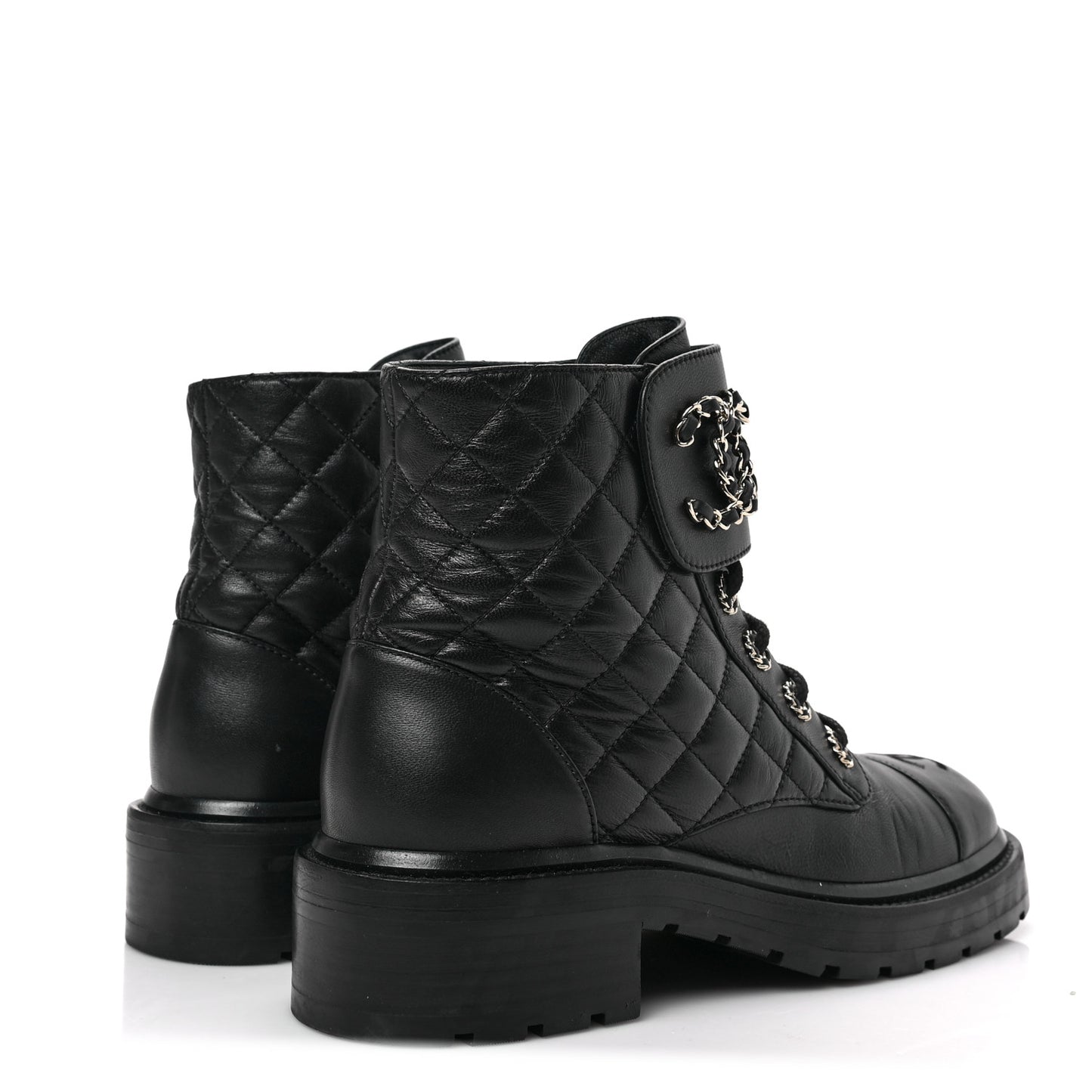 Shiny Calfskin Quilted Lace Up Combat Boots 38 Black