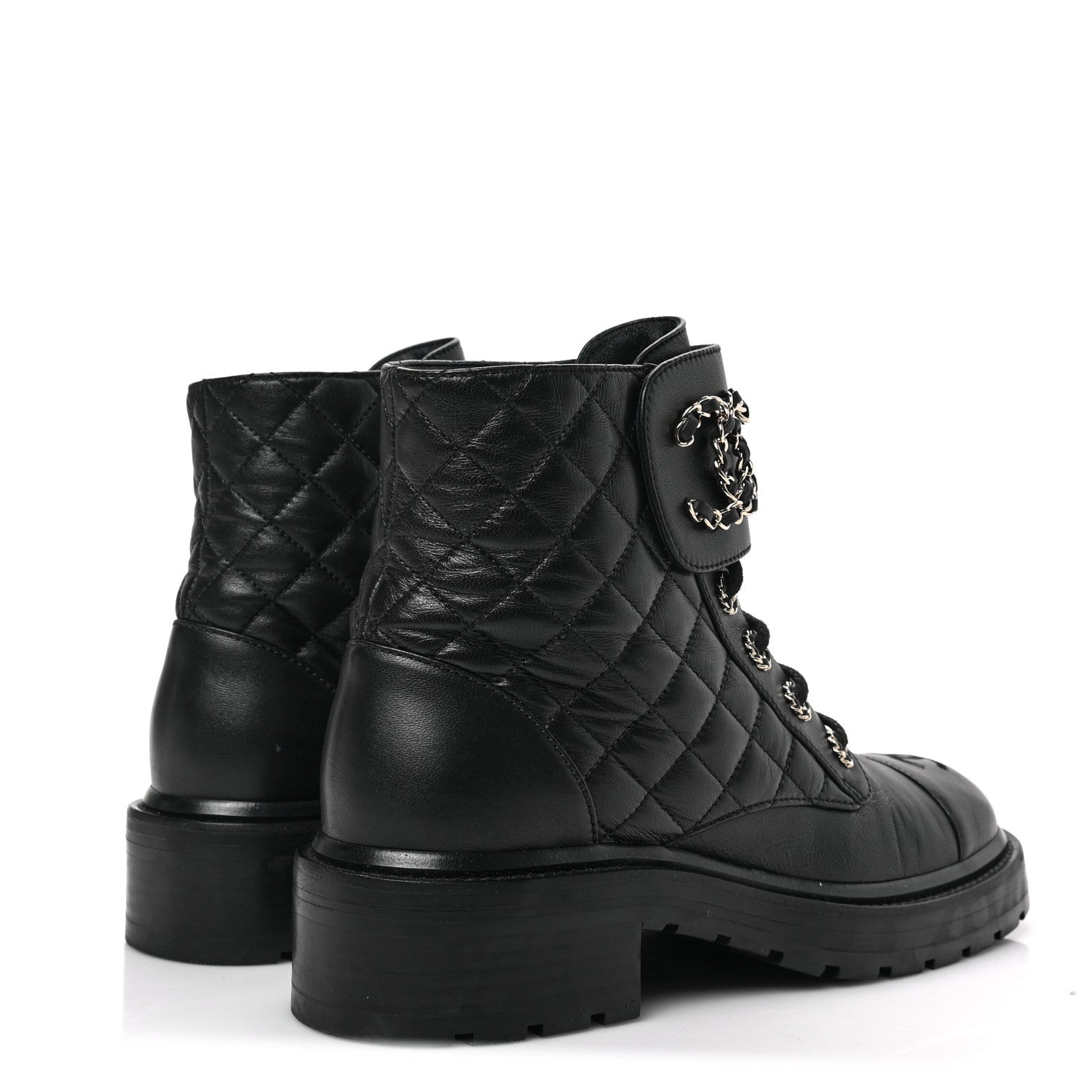 Chanel Shiny Calfskin Quilted Lace Up Combat Boots 38 Black 4 of 7