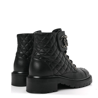 Chanel Shiny Calfskin Quilted Lace Up Combat Boots 38 Black 4 of 7
