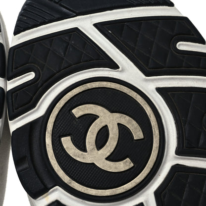 Chanel Tweed Suede Calfskin Womens CC Sneakers 38.5 Dark Blue Black Grey White 9 of 10