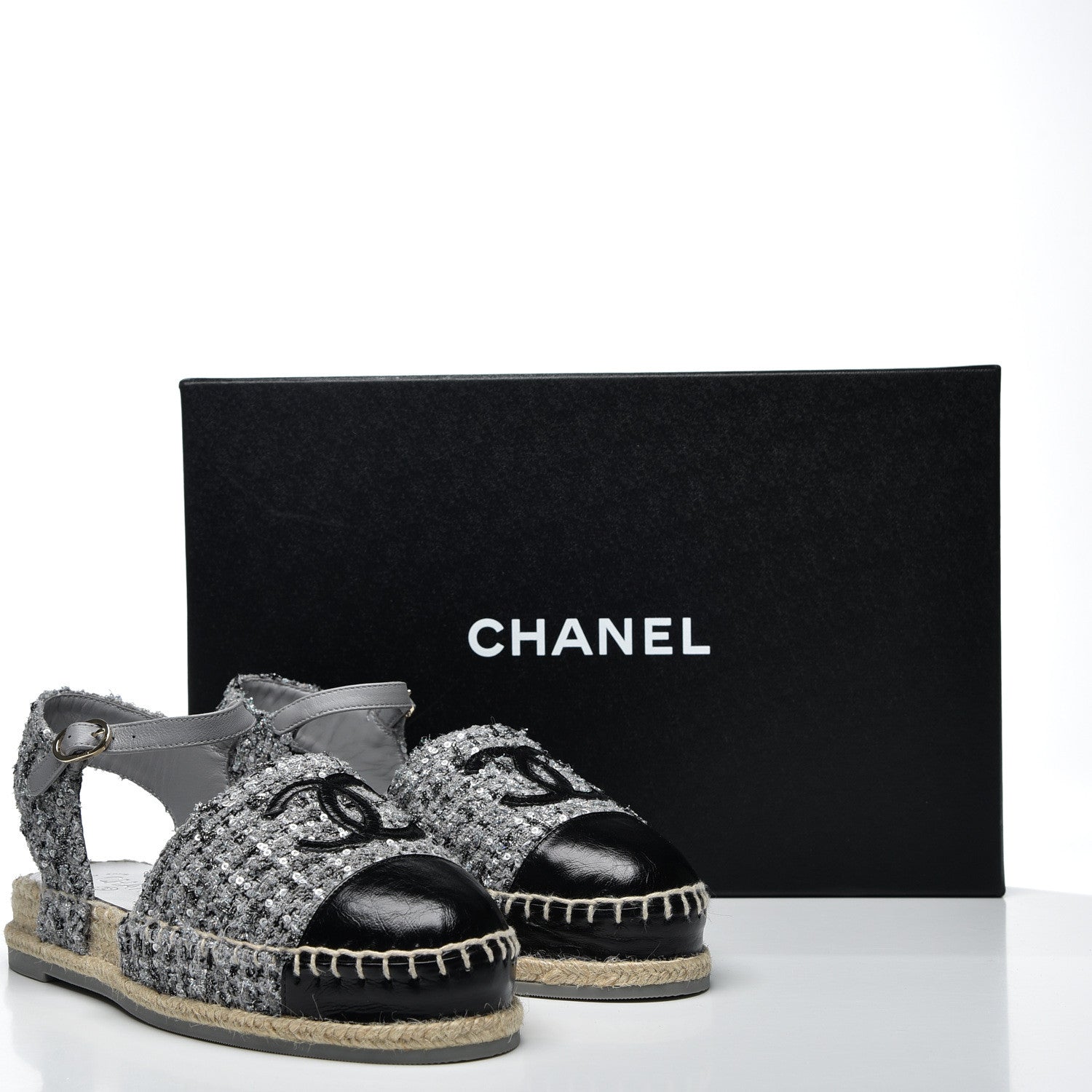Chanel Sequin Tweed Glazed Calfskin Patent Cap Toe CC Espadrille Sandals 37 Black Grey 10 of 10