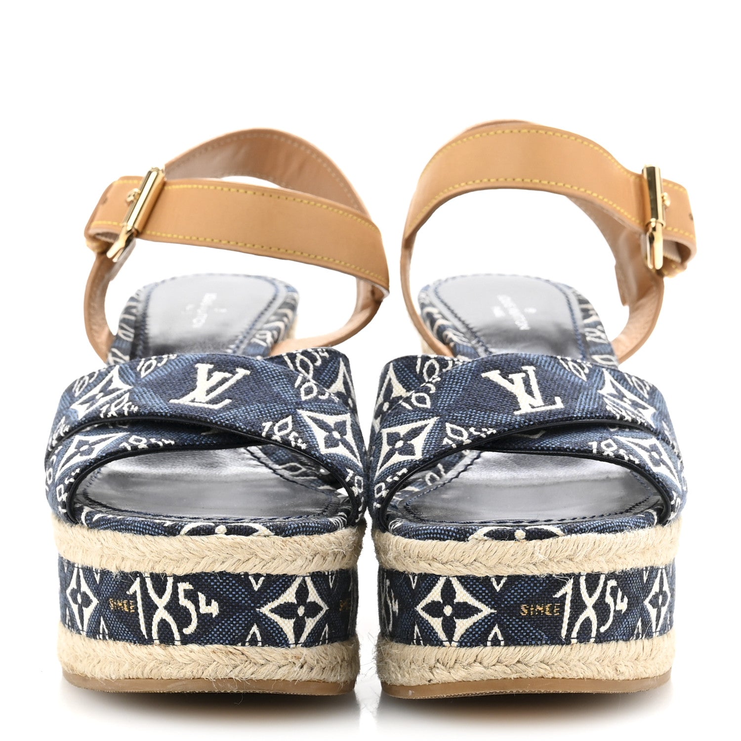 Louis Vuitton Jacquard Calfskin Since 1854 Boundary Wedge Sandals 36 Blue 3 of 11