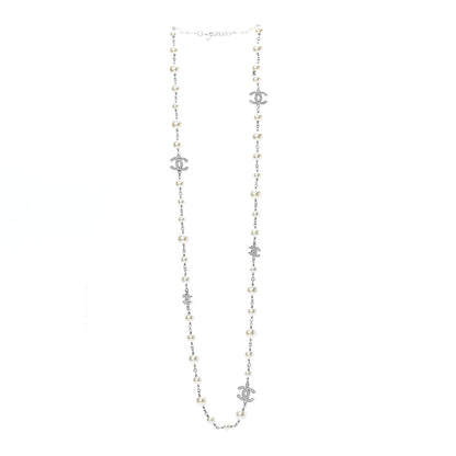 Chanel Graduated Pearl Crystal CC Long Necklace Silver 3 of 5
