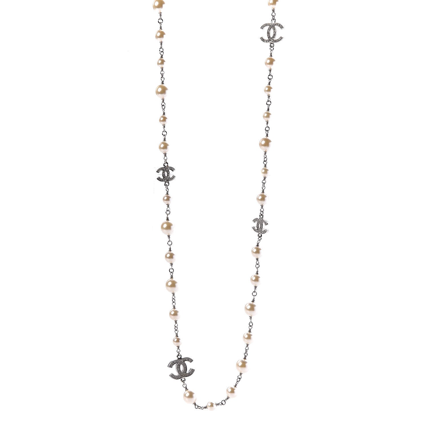 Chanel Crystal Pearl CC Long Necklace Silver 1 of 7