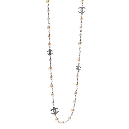 Chanel Crystal Pearl CC Long Necklace Silver 1 of 7