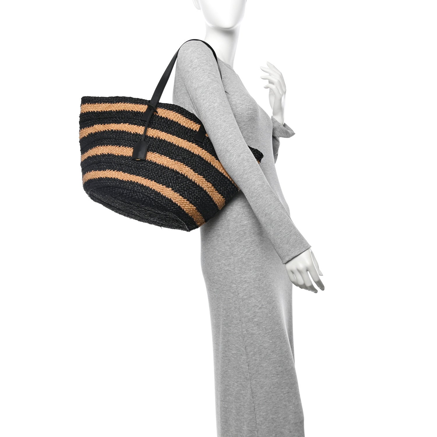 Saint Laurent Striped Raffia Calfskin Medium Panier Tote Naturel Black 2 of 10