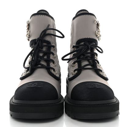 Chanel Fabric Grosgrain Quilted Cap Toe Lace Up Combat Boots 36 Gray 2 of 11