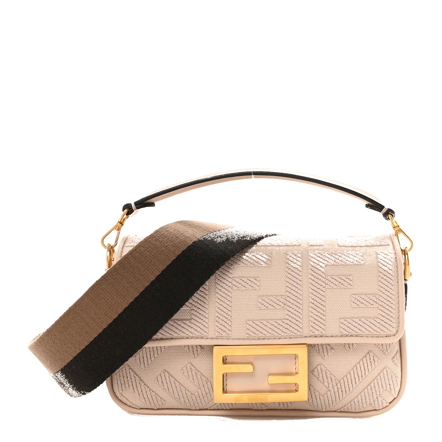 Fendi Canvas Vitello King Bi-Color Strap FF Embroidered Mini Baguette Poudre 1 of 9