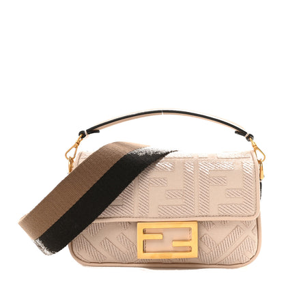 Fendi Canvas Vitello King Bi-Color Strap FF Embroidered Mini Baguette Poudre 1 of 9