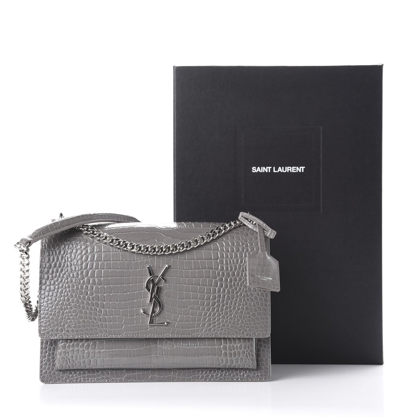 Calfskin Crocodile Embossed Large Monogram Sunset Fog