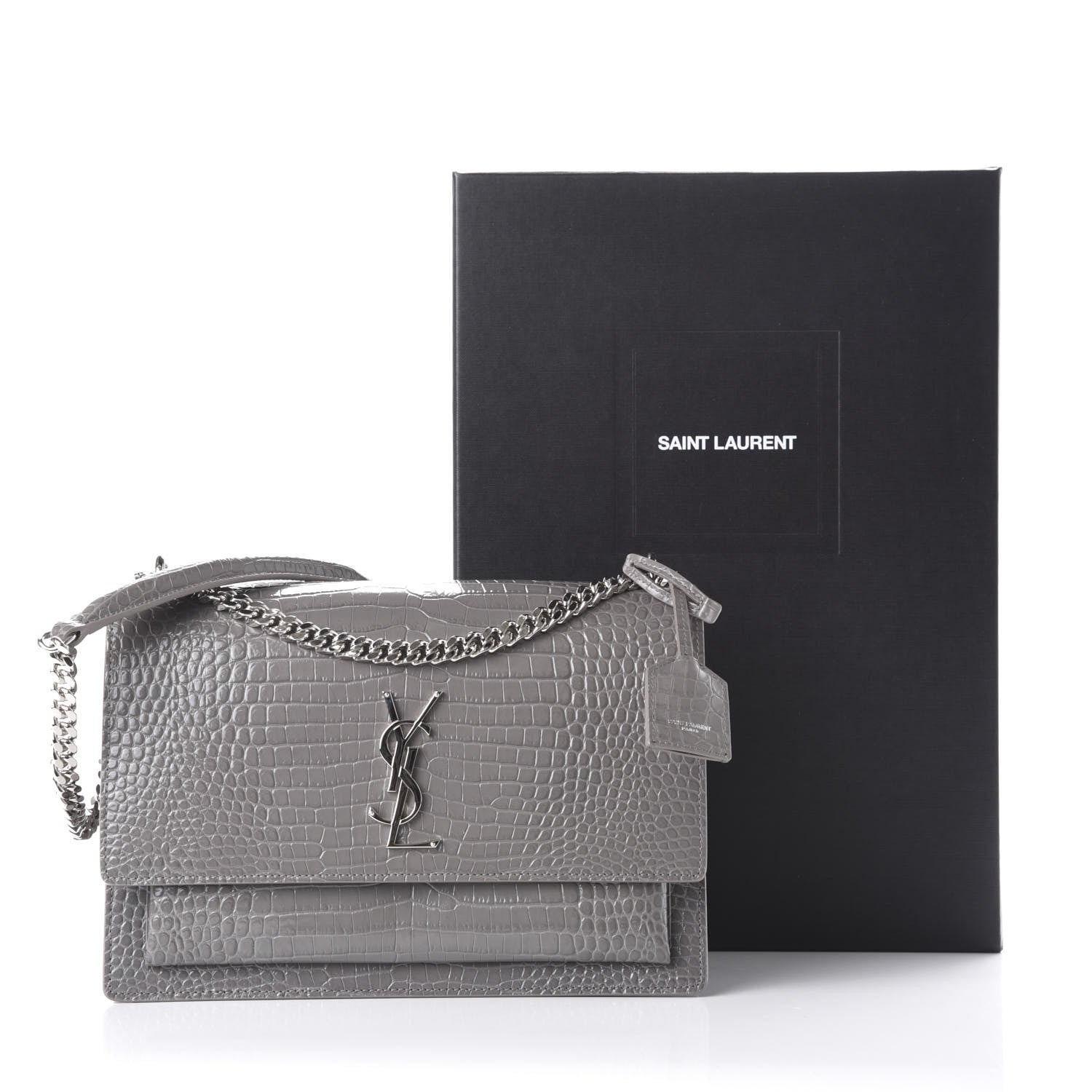 Saint Laurent Calfskin Crocodile Embossed Large Monogram Sunset Fog 11 of 11
