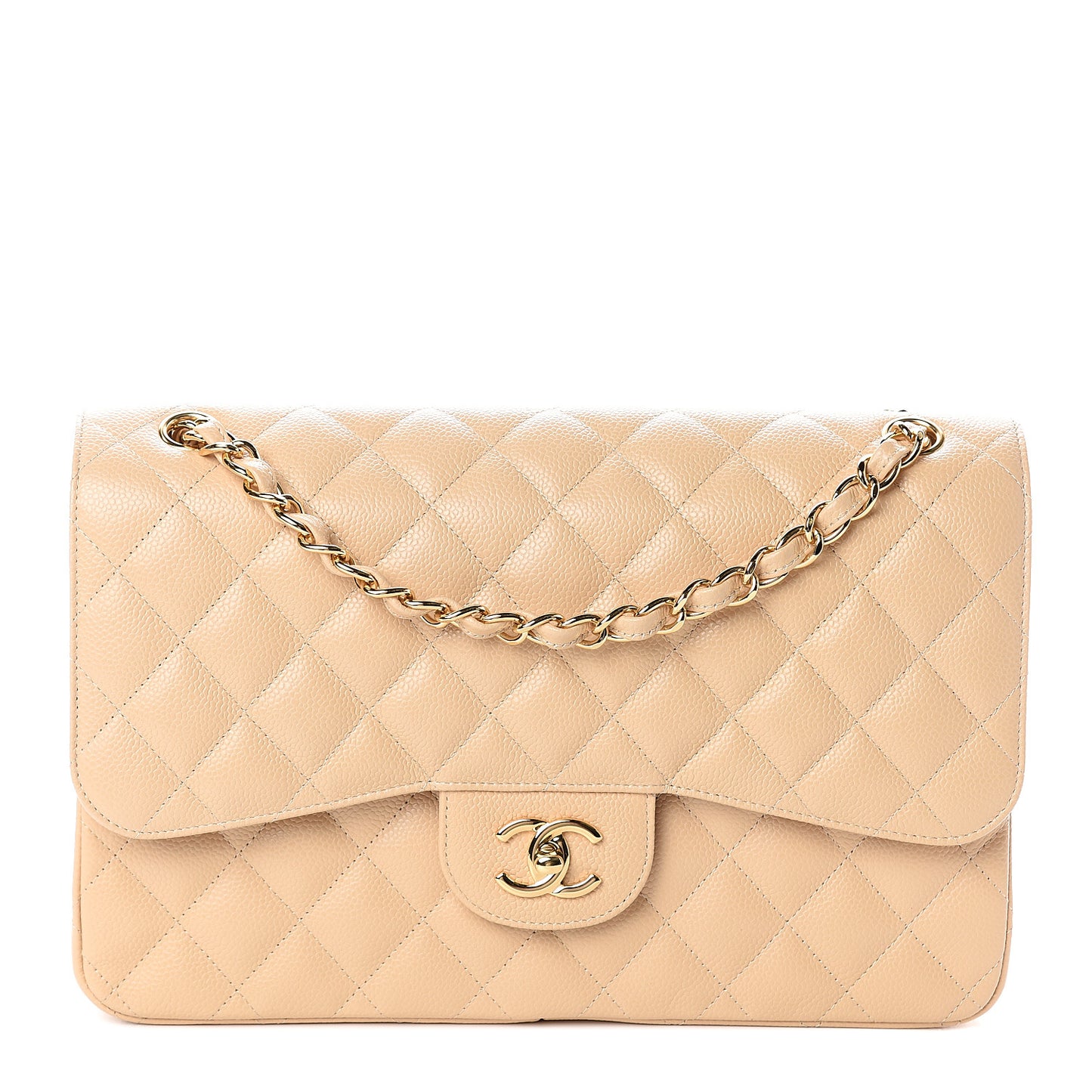 Caviar Quilted Jumbo Double Flap Beige Clair
