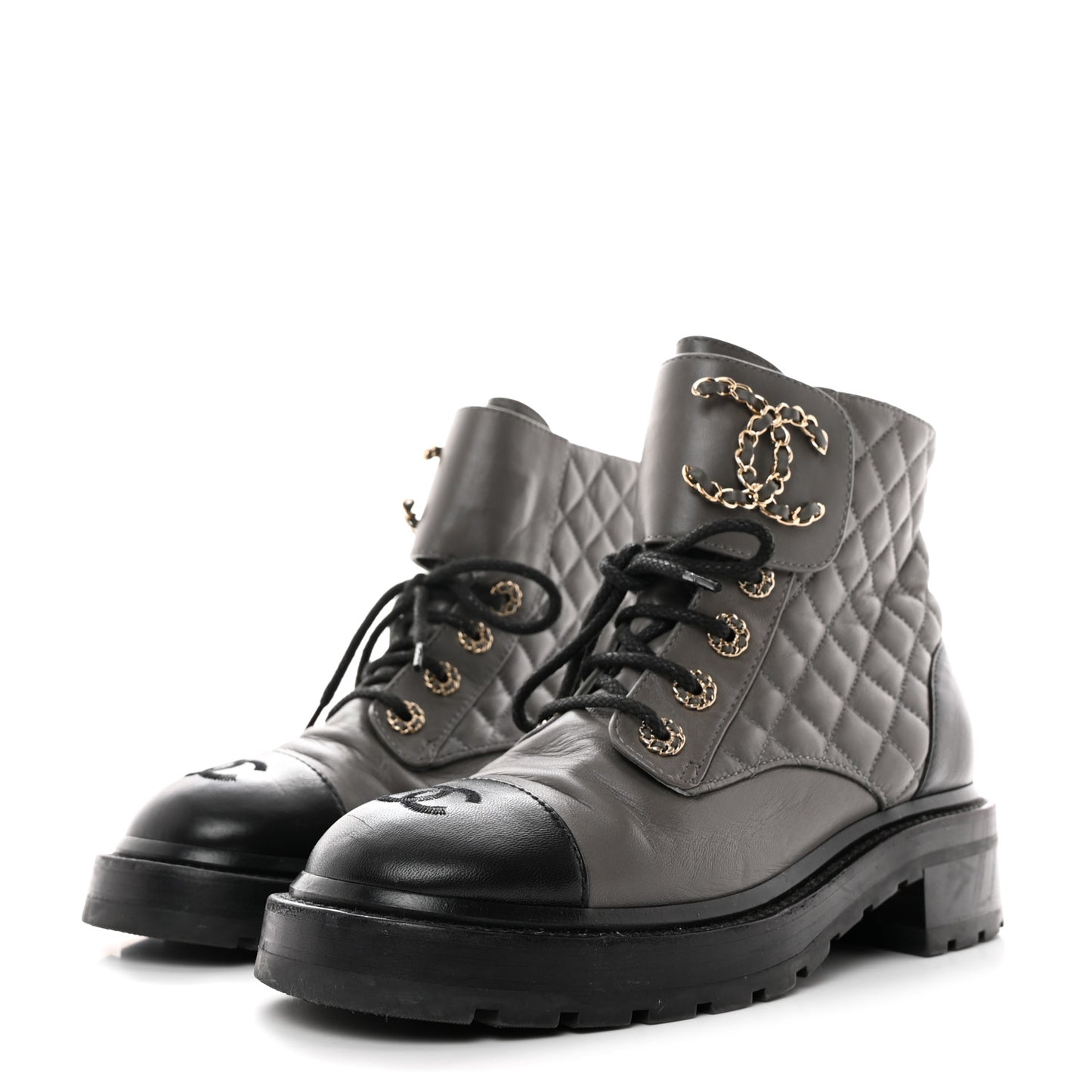 Shiny Lambskin Quilted Lace Up Combat Boots 38 Grey Black