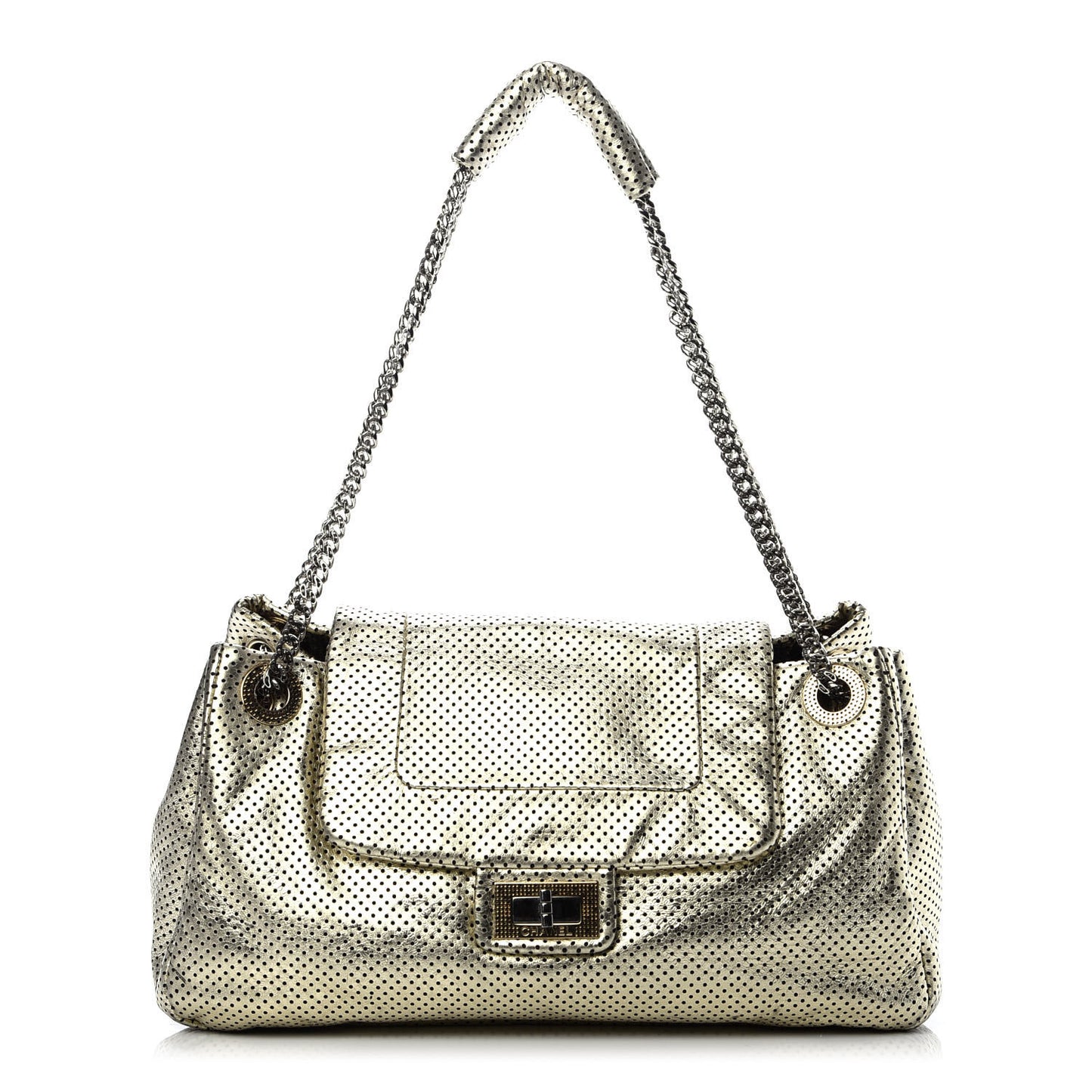 Metallic Calfskin Perforated Large Drill Accordion Flap Gold