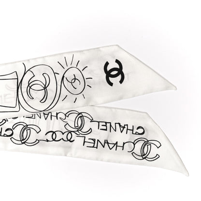 Chanel Silk Slim Bandeau Scarf White Black 3 of 3