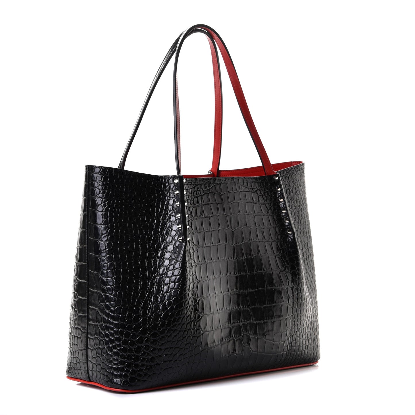 Crocodile Embossed Calfskin Spiked Small Cabarock Shopper Tote Black