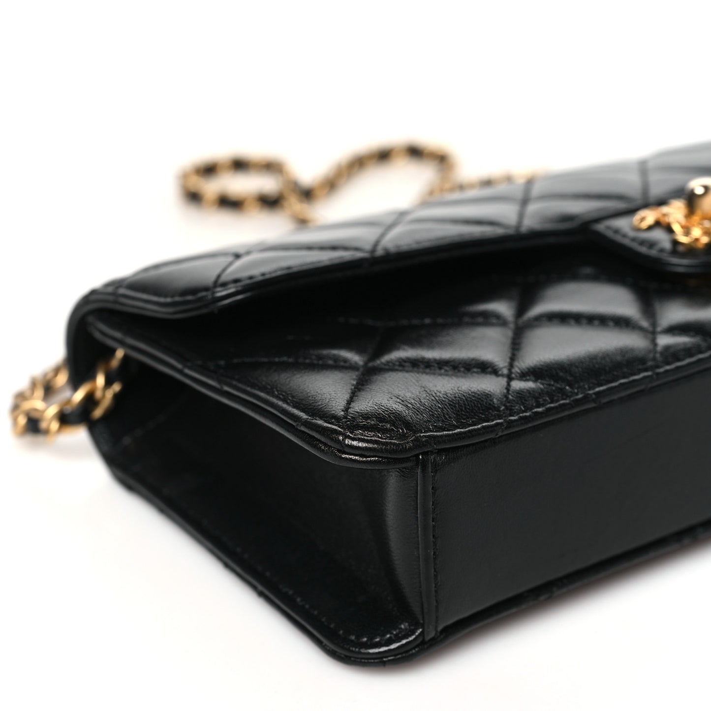 Shiny Lambskin Quilted Flap Clutch Bag Black