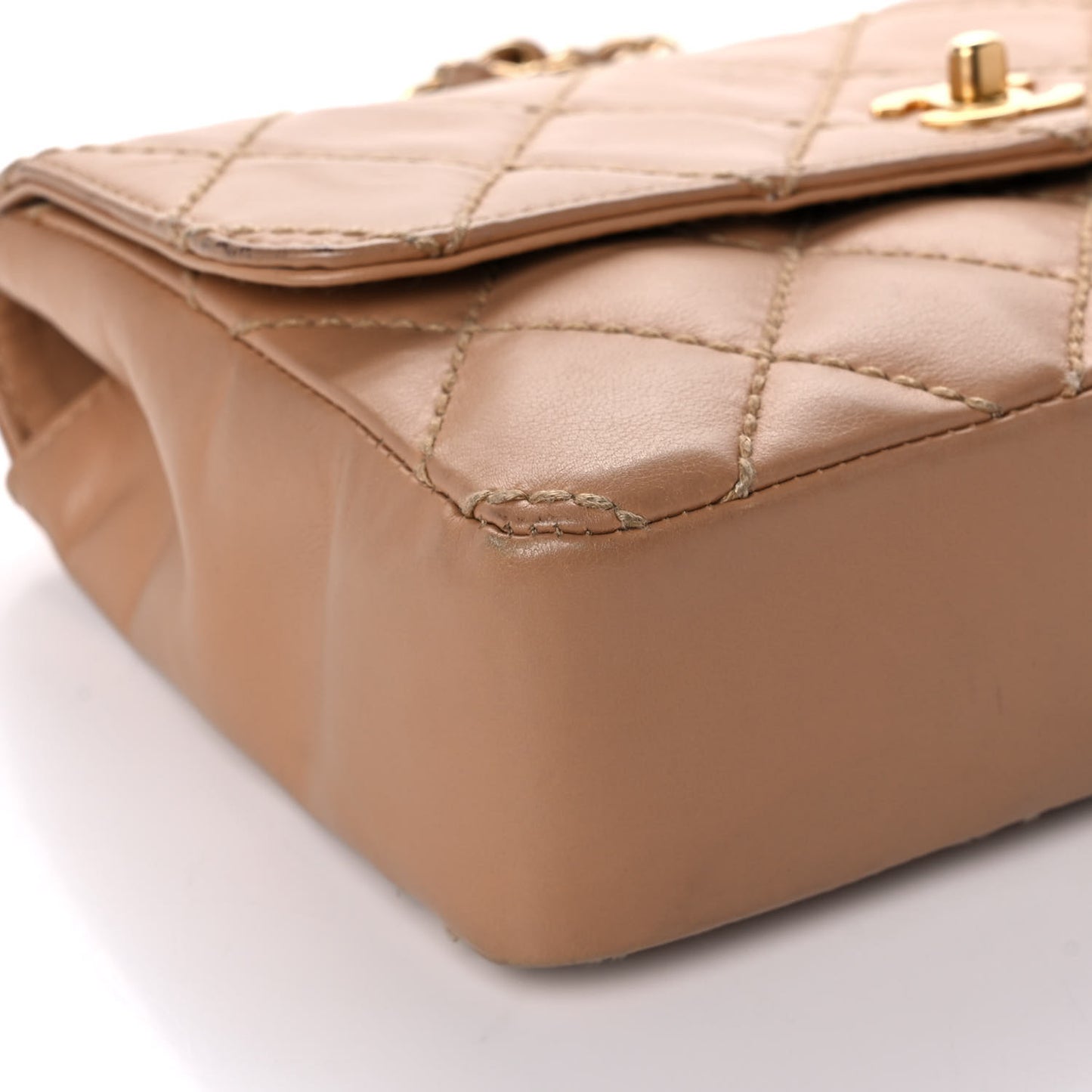 Calfskin Quilted Contrast Stitch Medium Flap Beige