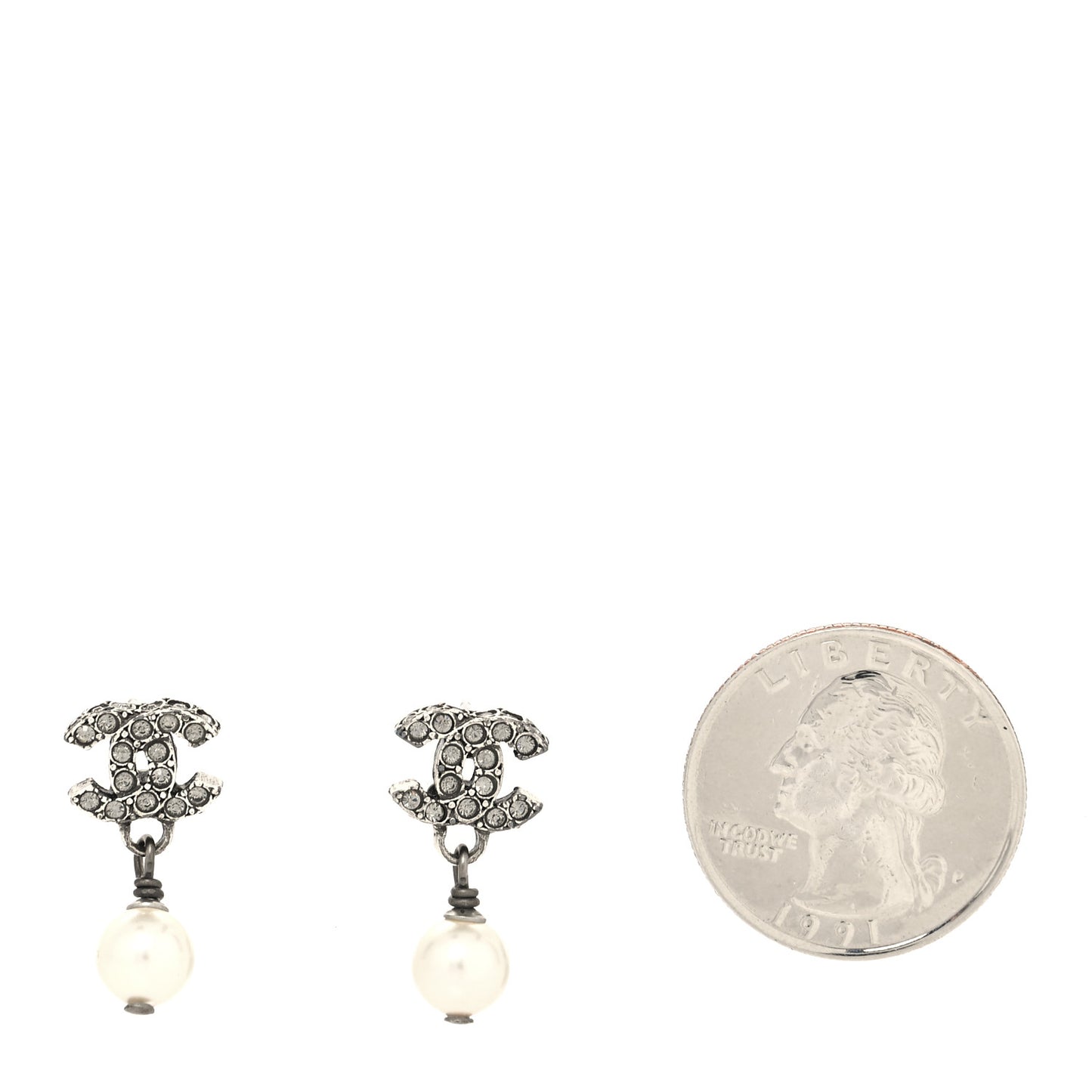 Crystal Pearl CC Drop Earrings Silver