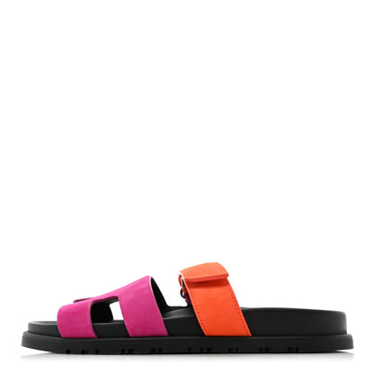 Hermes Suede Goatskin Womens Chypre Sandals 37.5 Rose Chapas Orange Synthetique 1 of 8