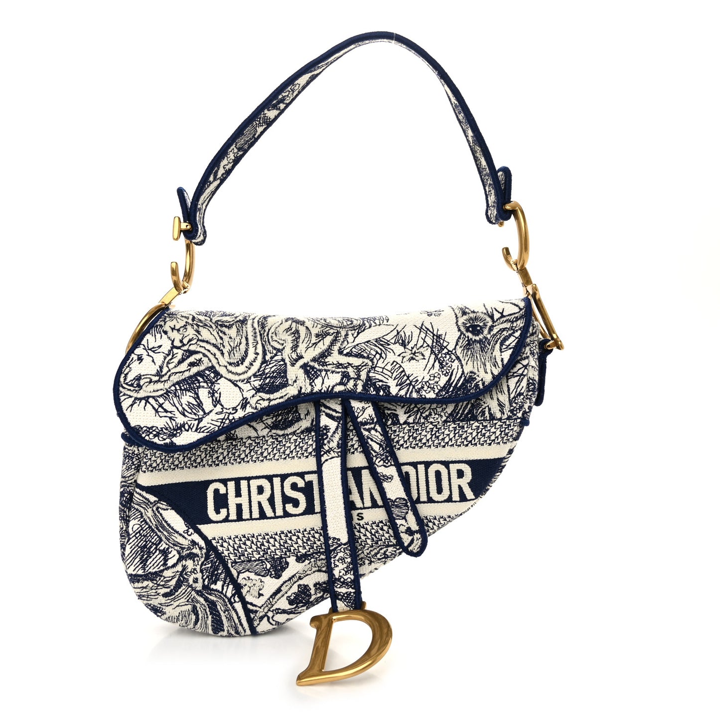 Canvas Embroidered Toile de Jouy Saddle Bag Blue