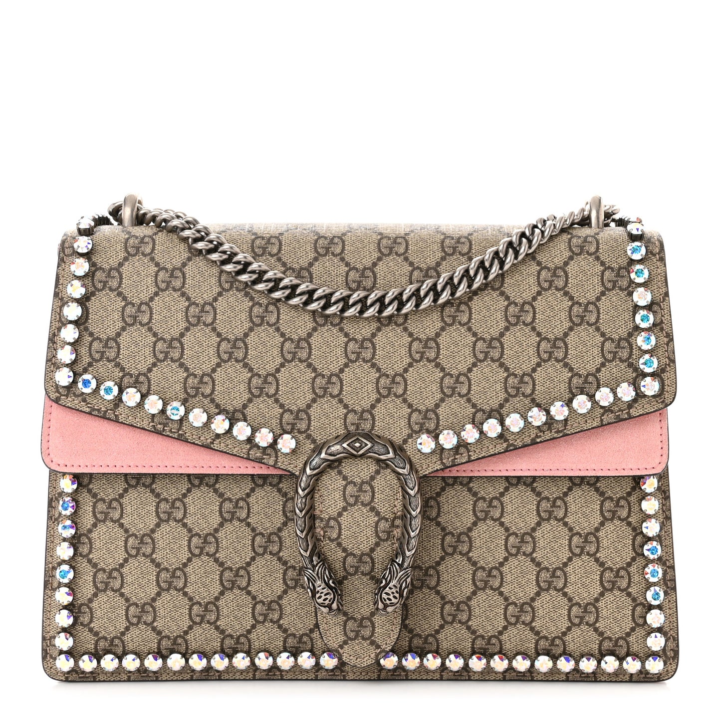 GG Supreme Monogram Suede Crystal Medium Dionysus Shoulder Bag Beige Ebony Light Peonia