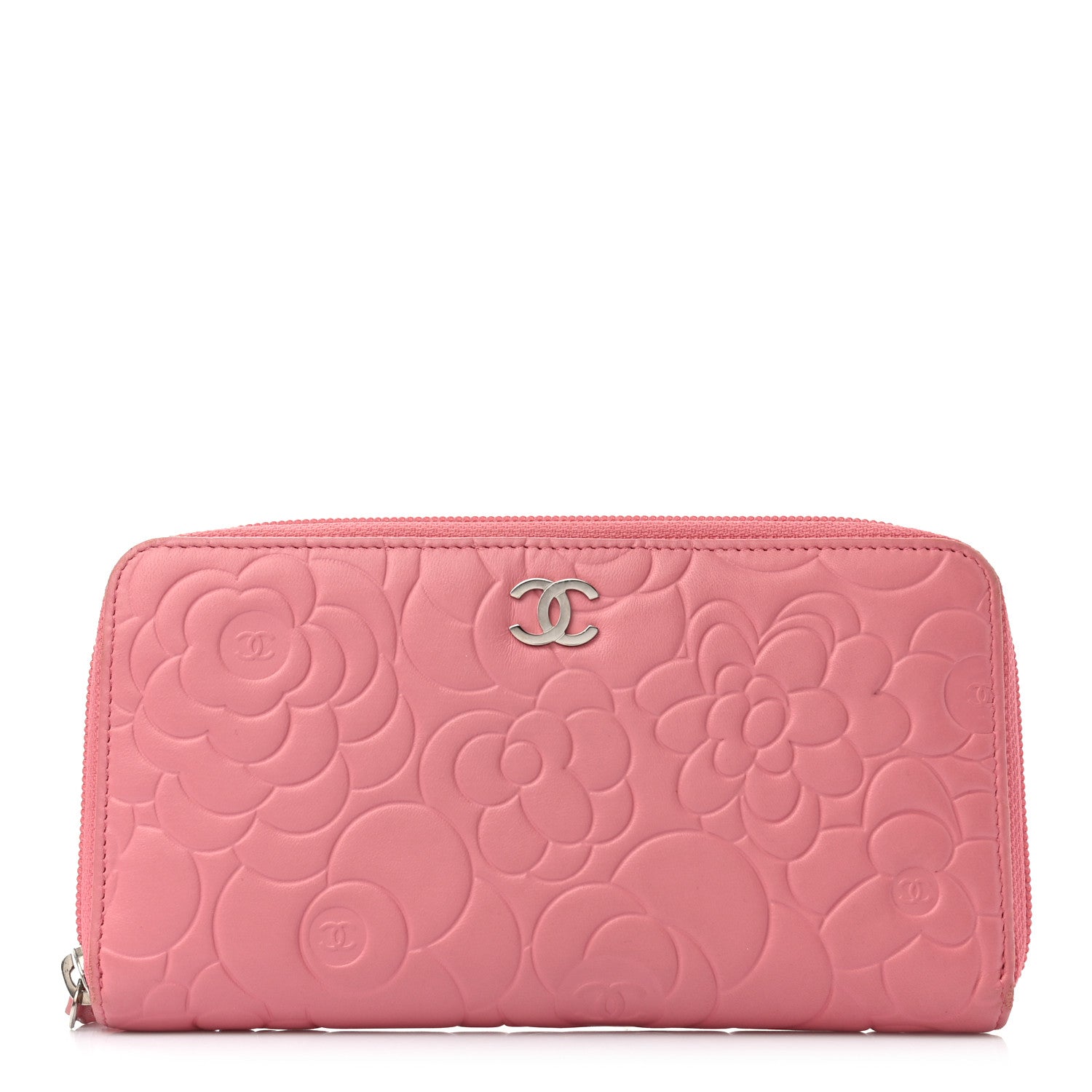 Chanel Lambskin Camellia Embossed Zip Around Large Gusset Wallet Pink 1 of 8