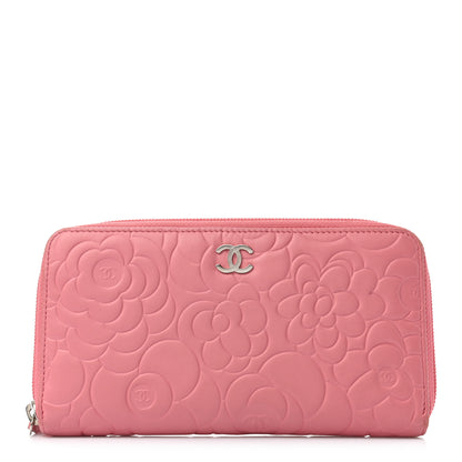 Chanel Lambskin Camellia Embossed Zip Around Large Gusset Wallet Pink 1 of 8