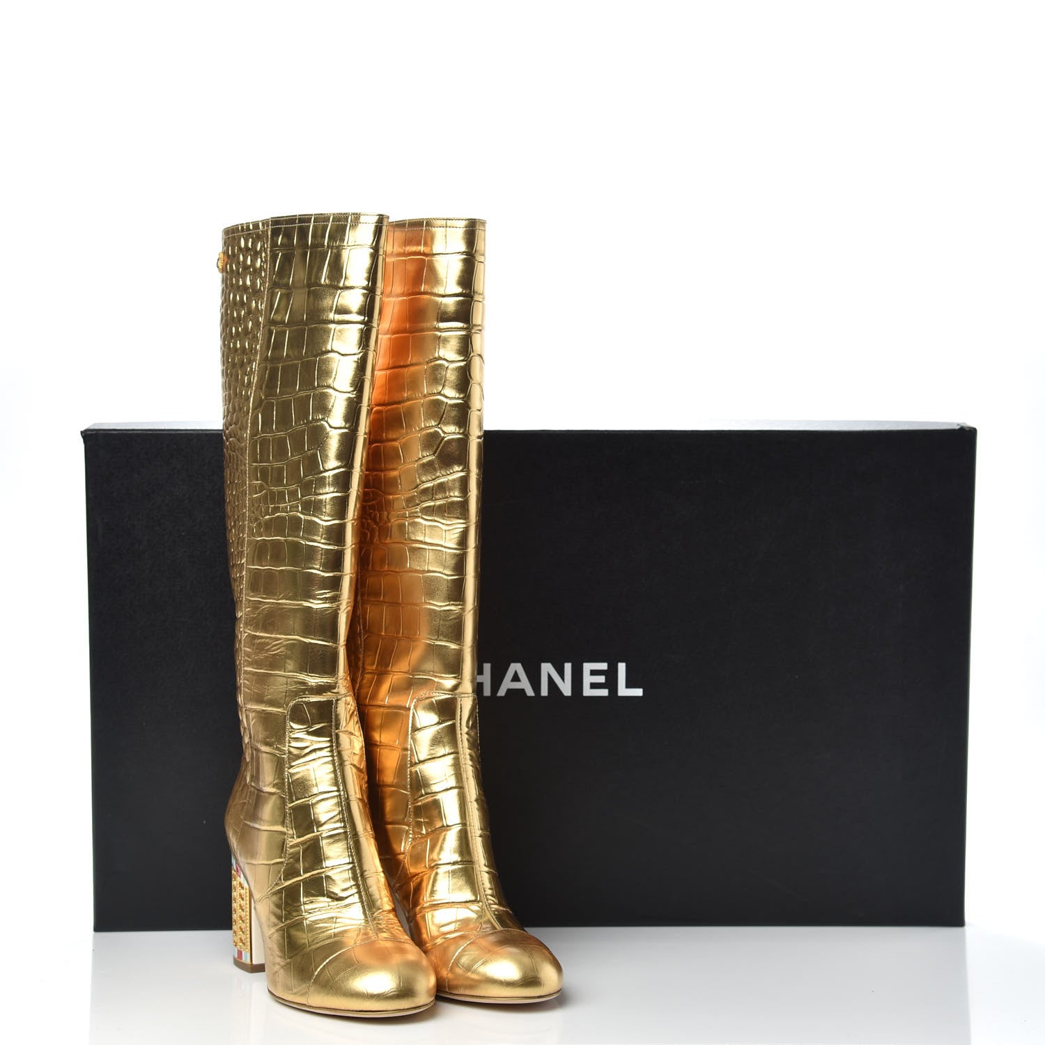 Chanel Calfskin Crocodile Embossed Cap Toe High Boots 37 Gold 9 of 9