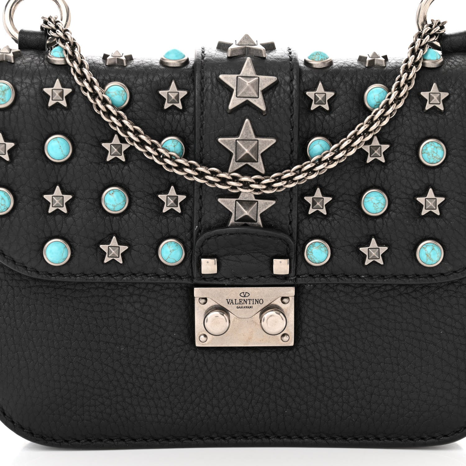 Valentino Garavani Pebbled Calfskin Star Studded Small Lock Flap Black 7 of 9