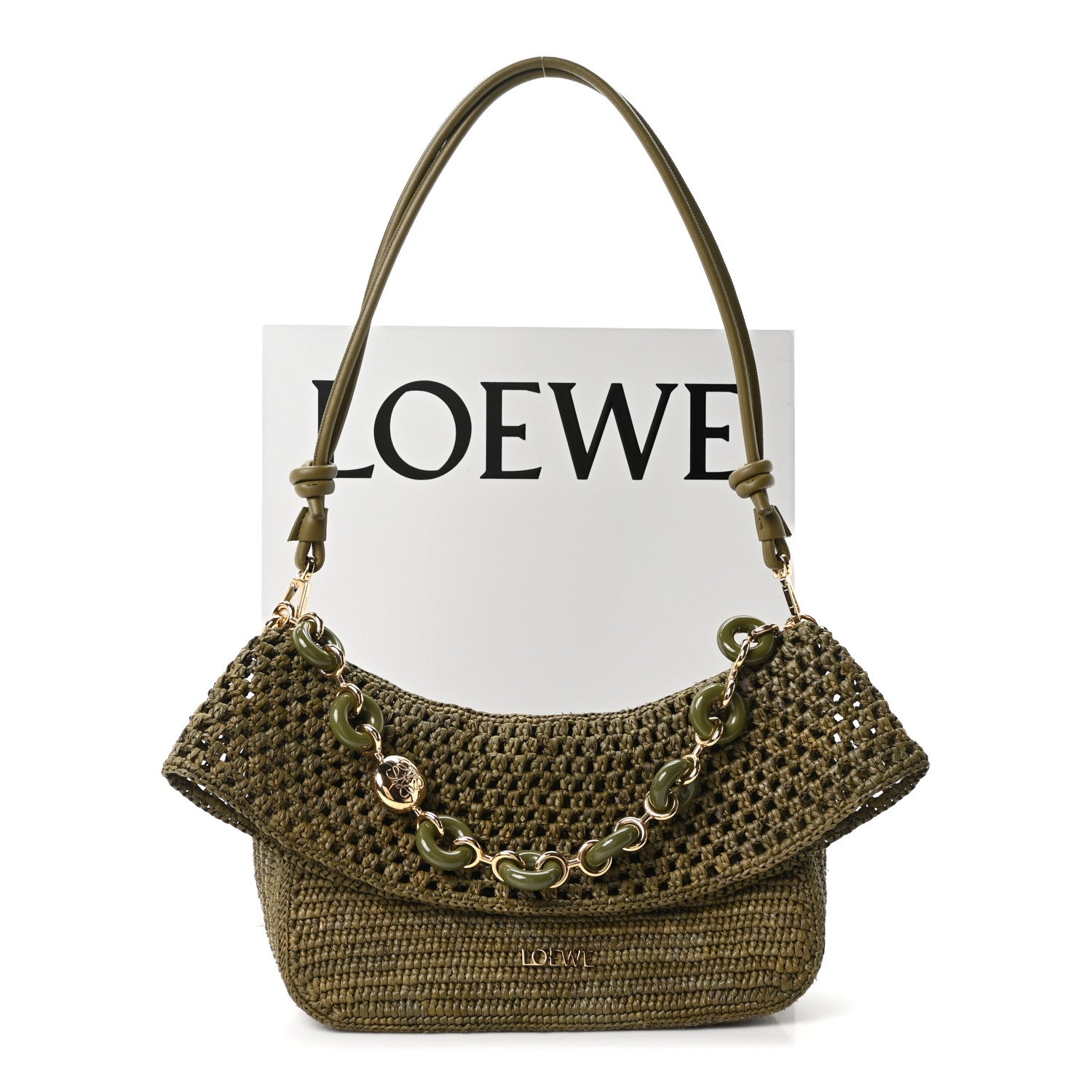 Loewe Raffia Calfskin Donut Chain Medium Ola Shoulder Bag Dark Khaki 11 of 11