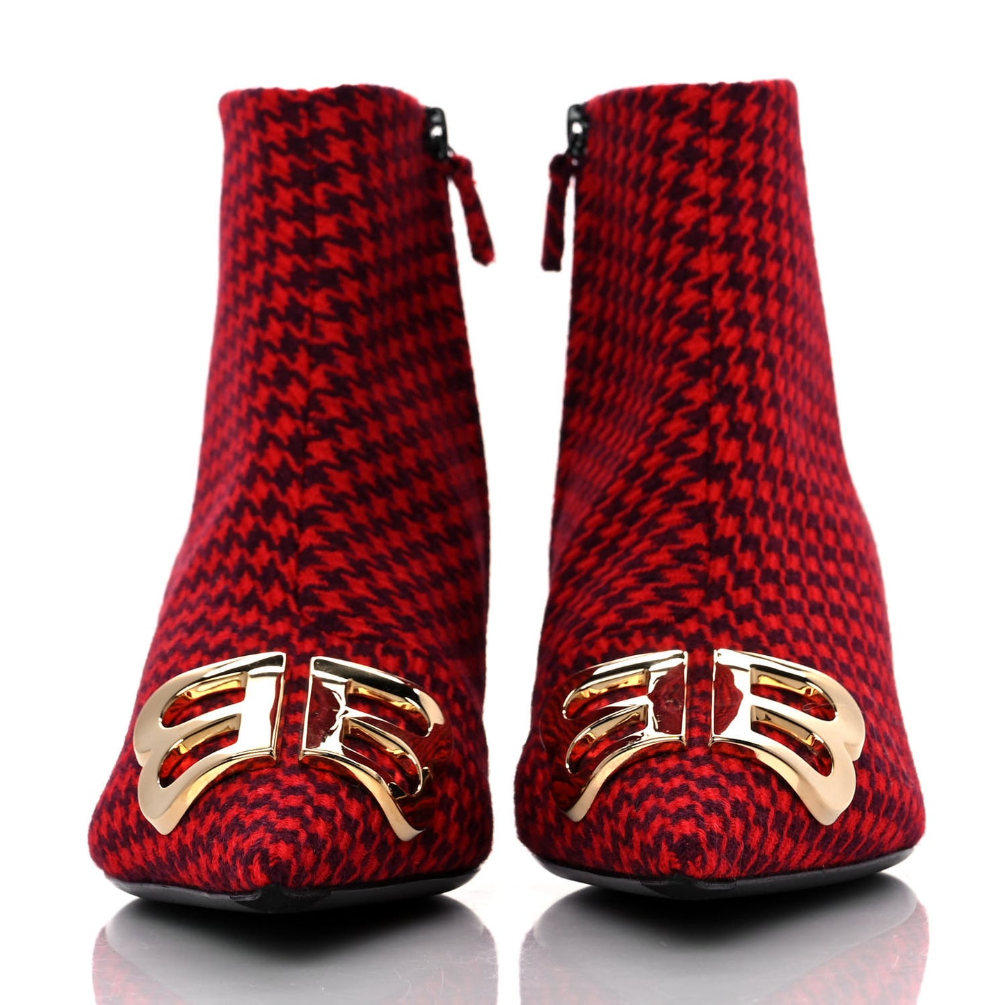 Wool Houndstooth BB Pointy Toe Ankle Booties 37 Red Black Gold