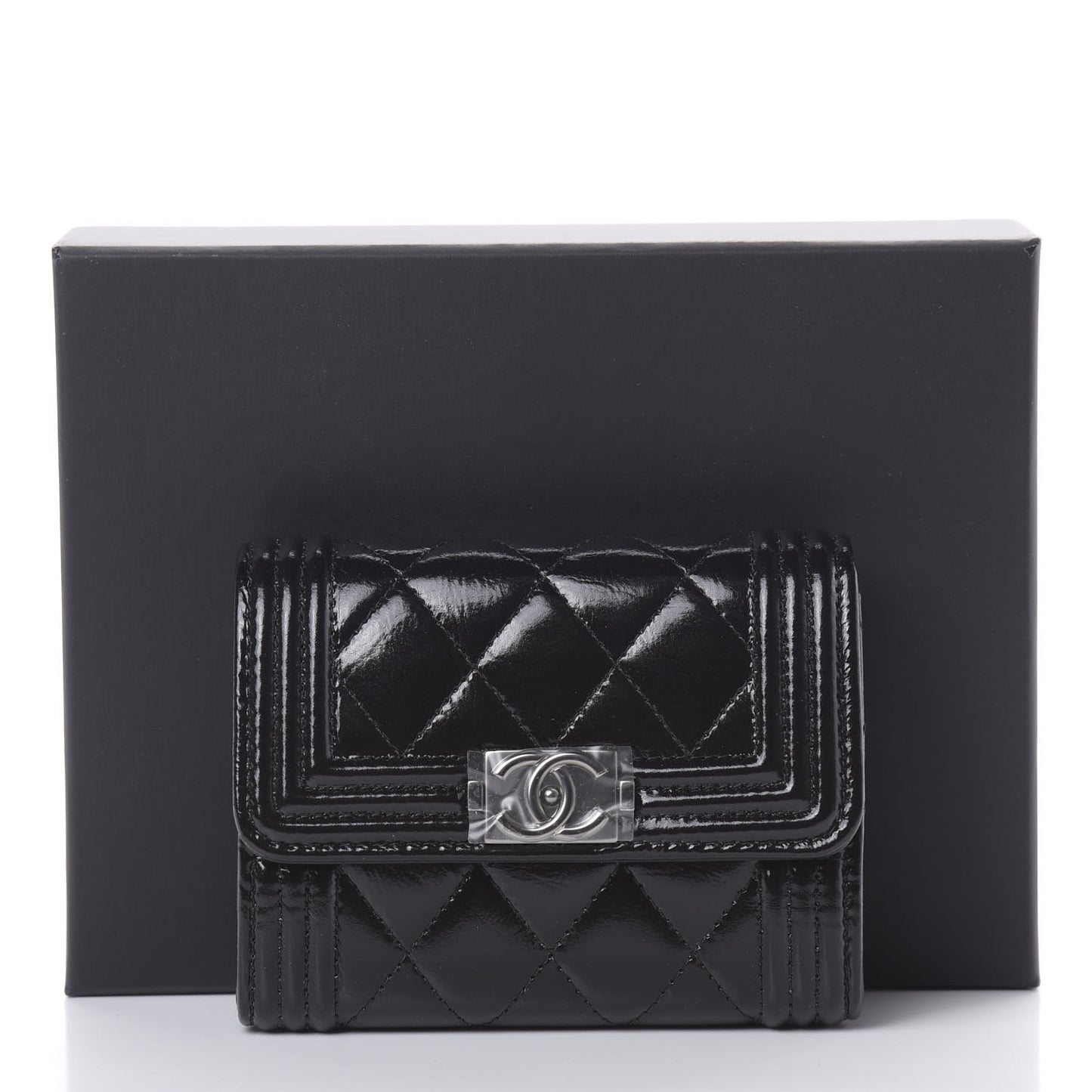Distressed Patent Quilted Boy Flap Card Holder Wallet Black