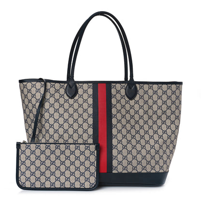 Gucci GG Supreme Monogram Textured Dollar Calfskin Web Large Ophidia Tote Beige Blue 1 of 10