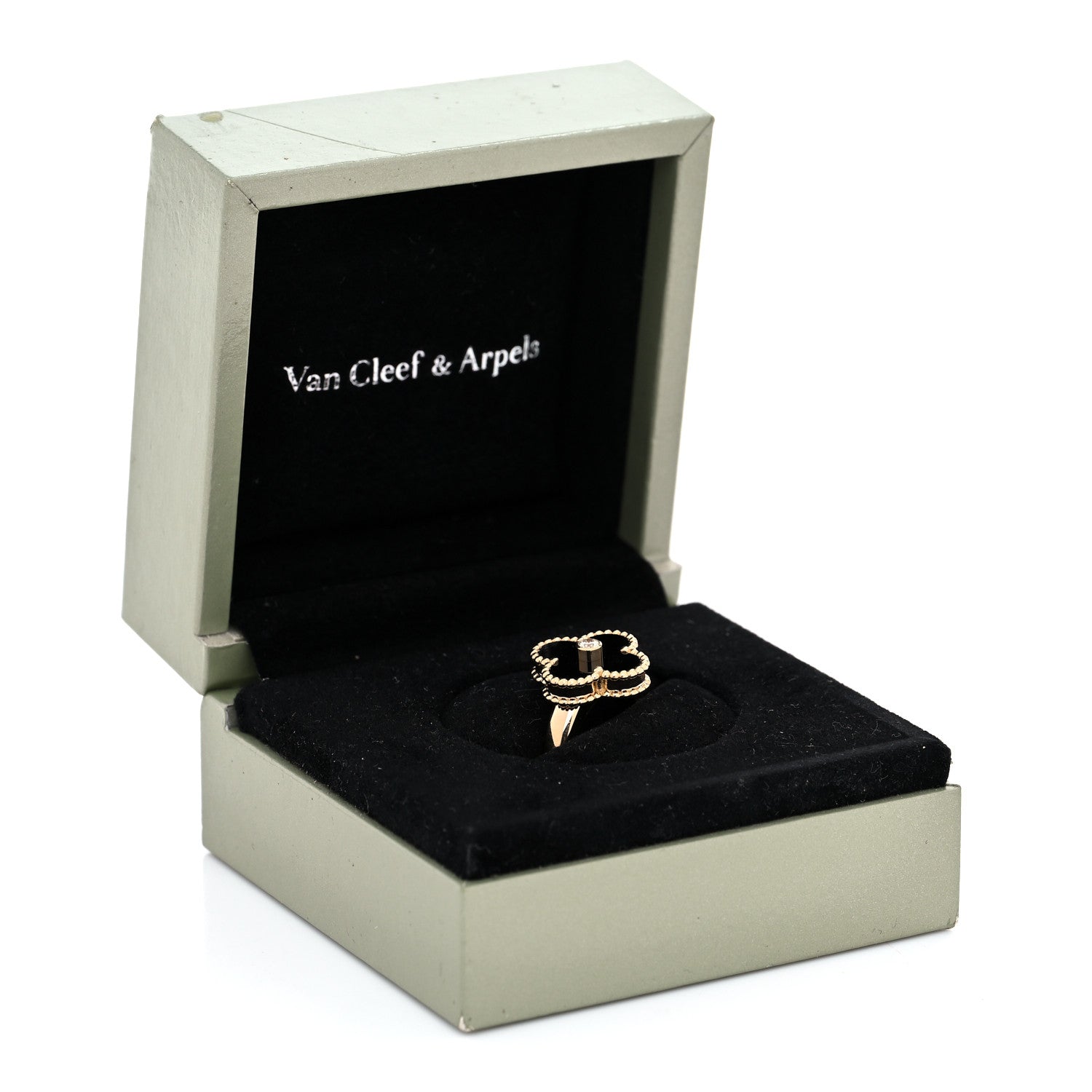 Van Cleef & Arpels 18K Yellow Gold Diamond Black Onyx Vintage Alhambra Ring 48 4.5 6 of 6