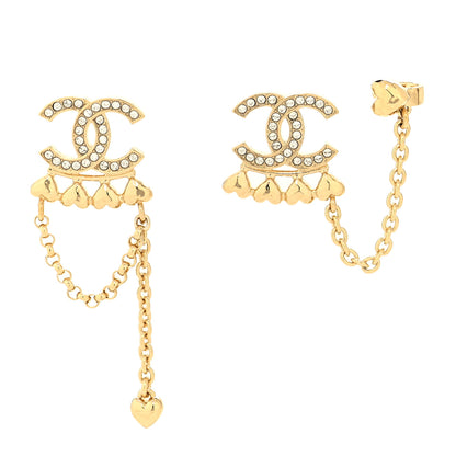 Chanel Metal Crystal CC Drop Heart Link Earrings Gold 1 of 4