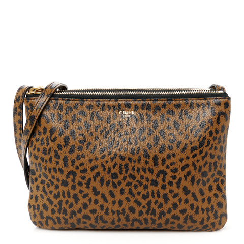 Goatskin Leopard Printed Small Trio Crossbody Bag Brown Black