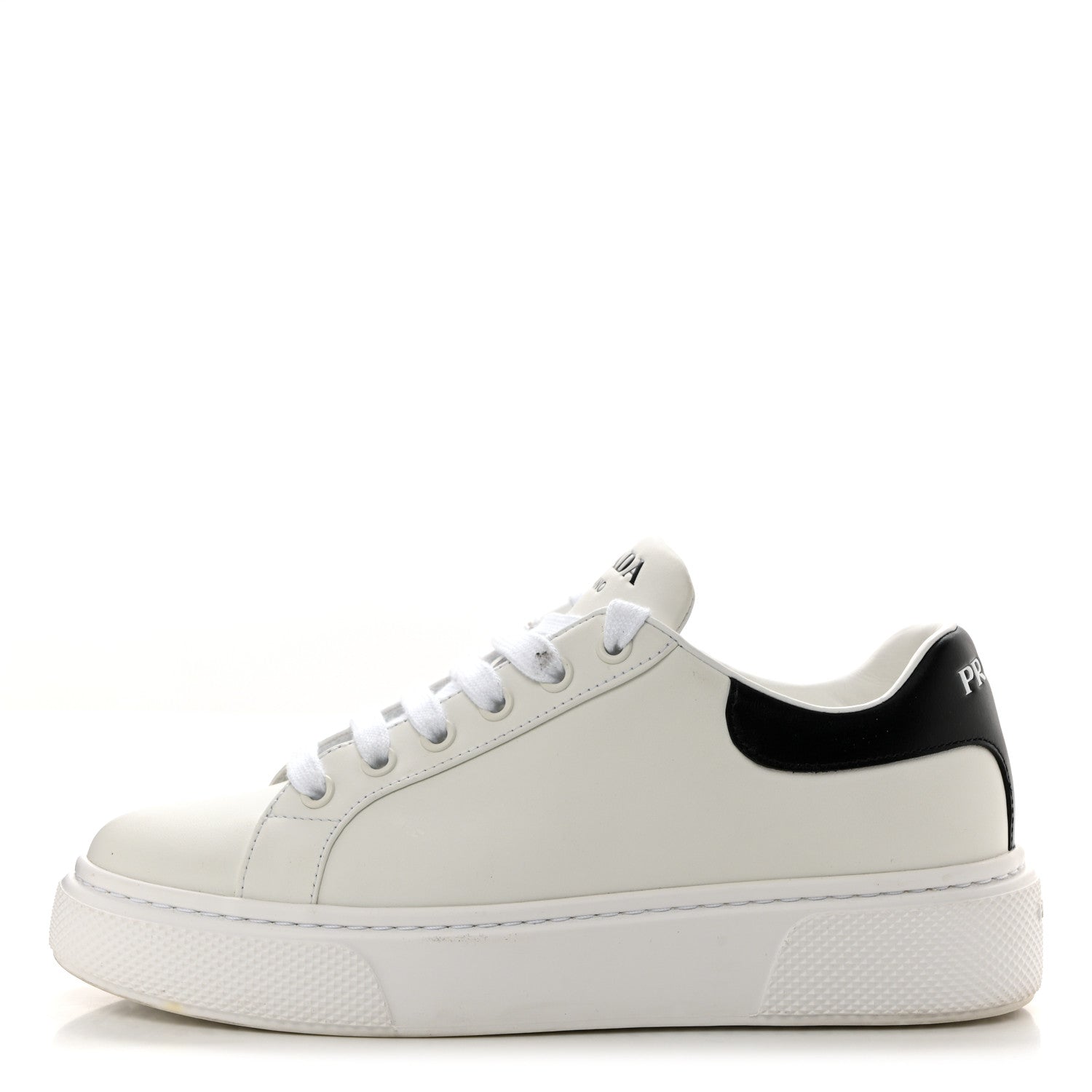 Prada Vitello Soft Rubber Logo Womens Low Top Sneakers 35.5 White Black 1 of 8