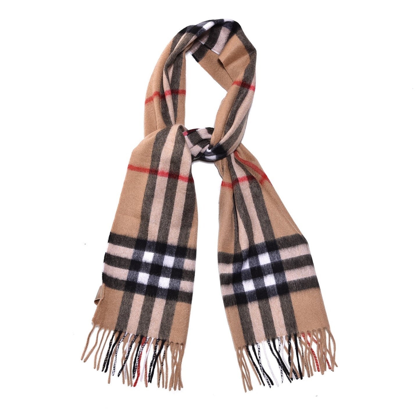 Cashmere Giant Check Fringe Scarf Camel
