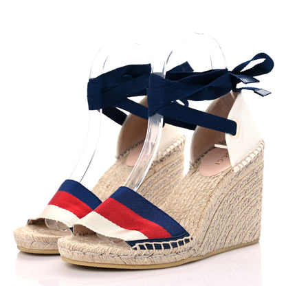 Gucci Canvas Sylvie Web Ankle Wrap Espadrille Wedge Sandals 36 Mystic White Hibiscus Red Maritime 3 of 12