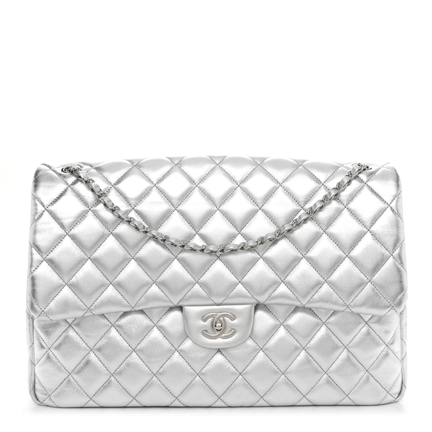 Metallic Lambskin Quilted XXL Travel Flap Bag Silver