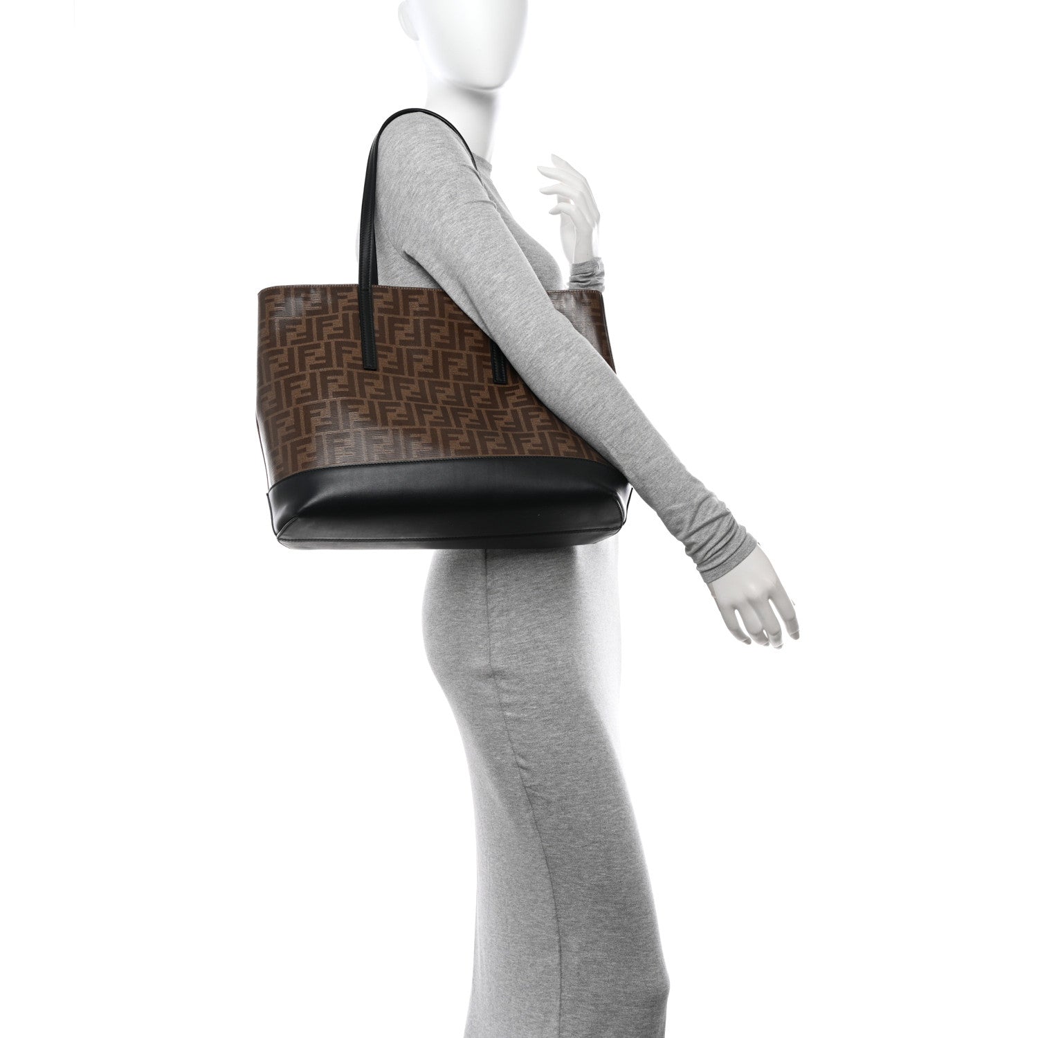 Fendi Glazed Fabric Vitello Century FF 1974 Stamp Patch Shopping Tote Mogano Panna Black 2 of 14