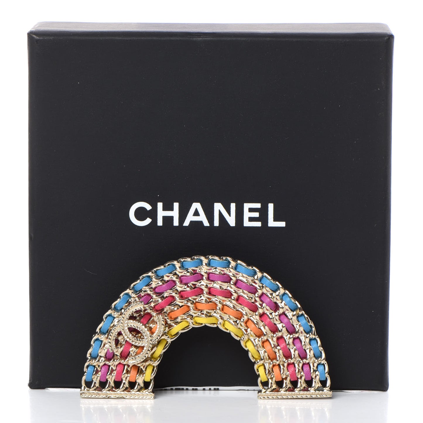 Lambskin Chain Rainbow CC Brooch Gold Multicolor