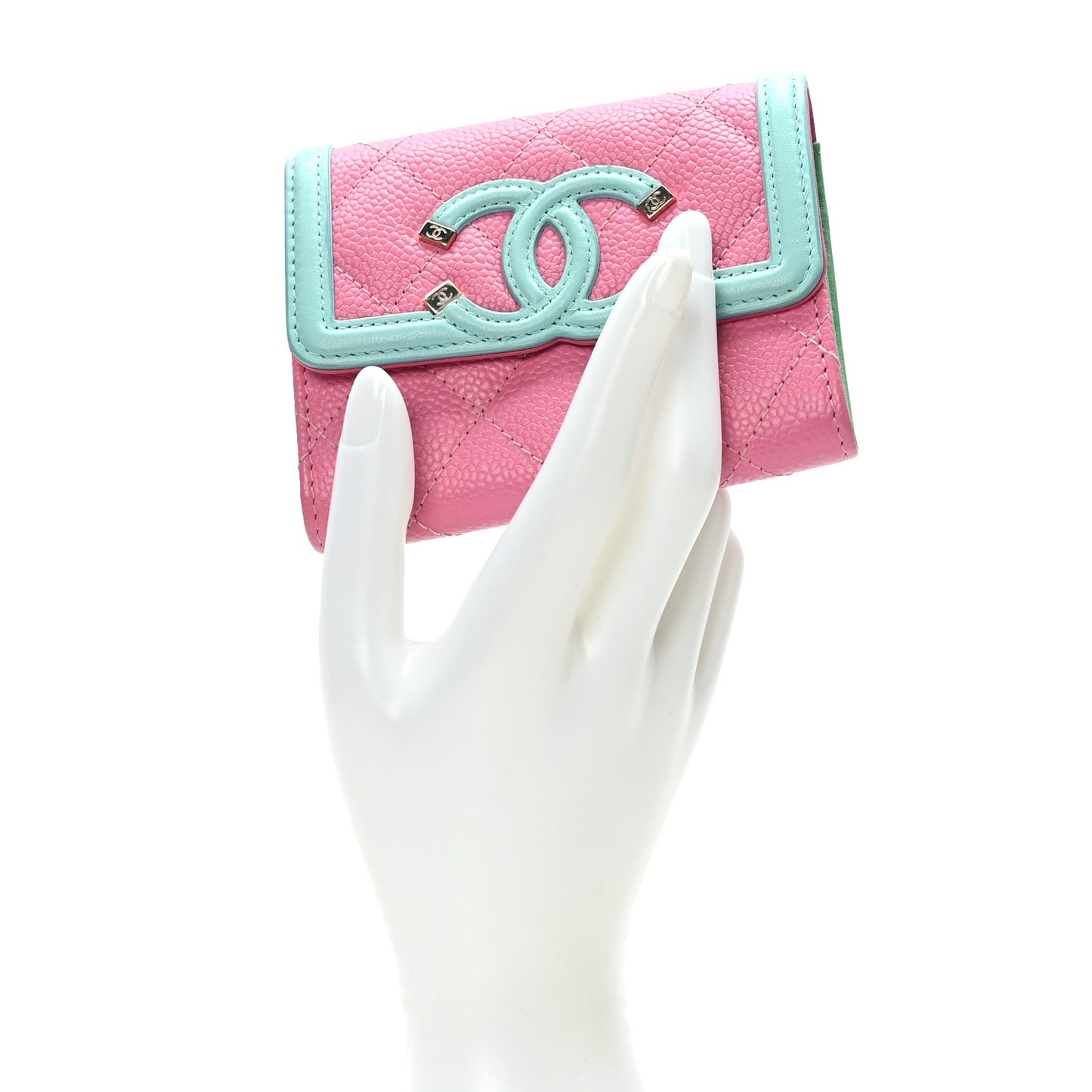 Caviar Quilted Filigree Flap Card Holder Pink Blue Green