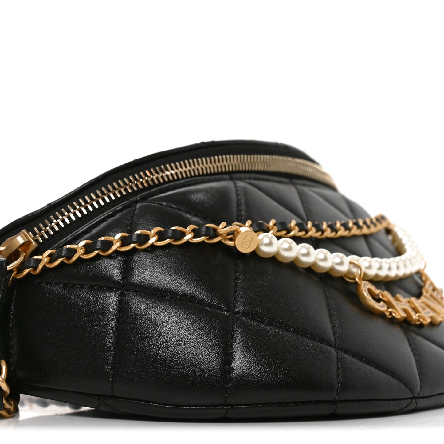 Shiny Lambskin Quilted Pearl Logo Waist Bag Black