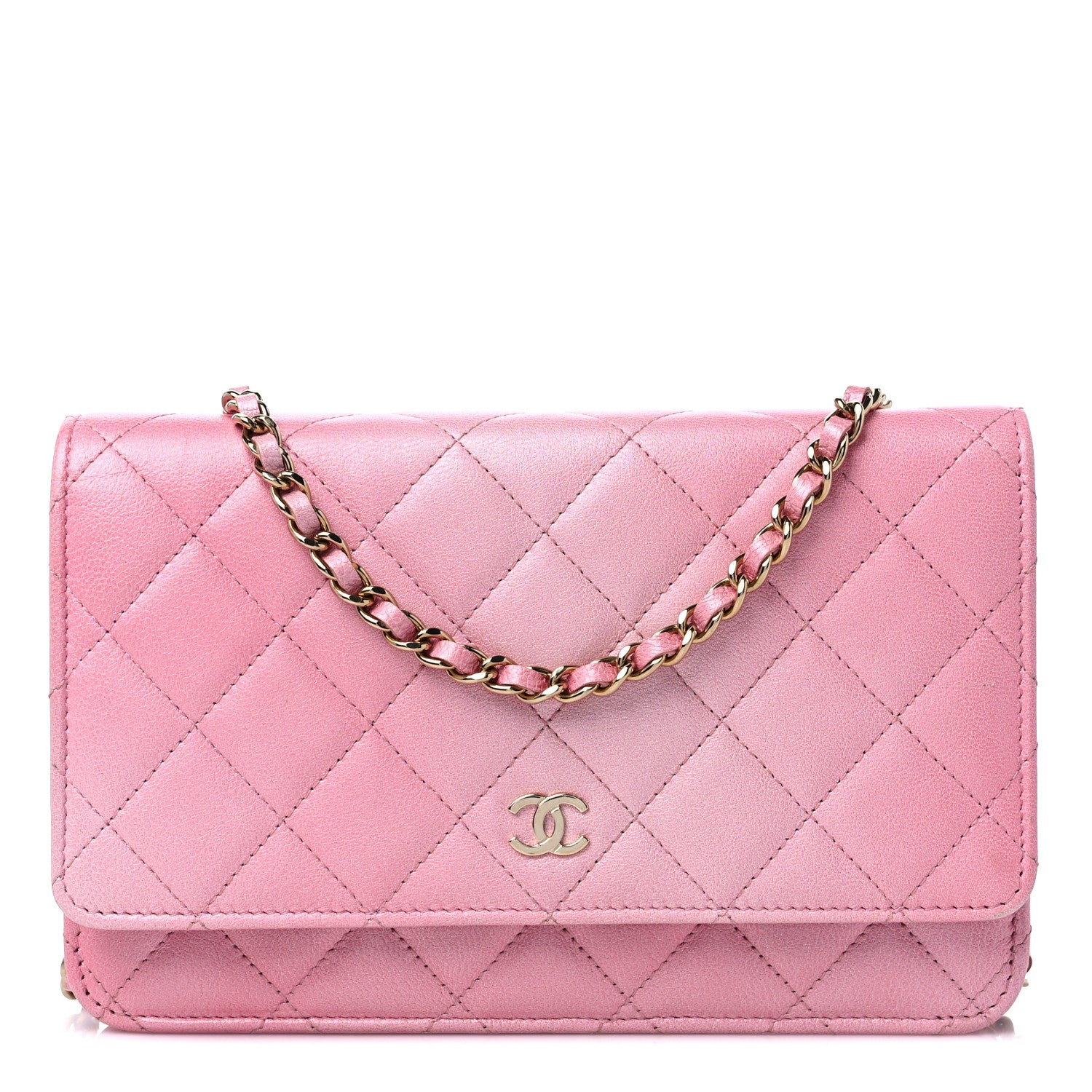 front view image of a CHANEL Cloudy Pearly Goatskin Quilted Wallet on Chain WOC in the color Light Pink by FASHIONPHILE